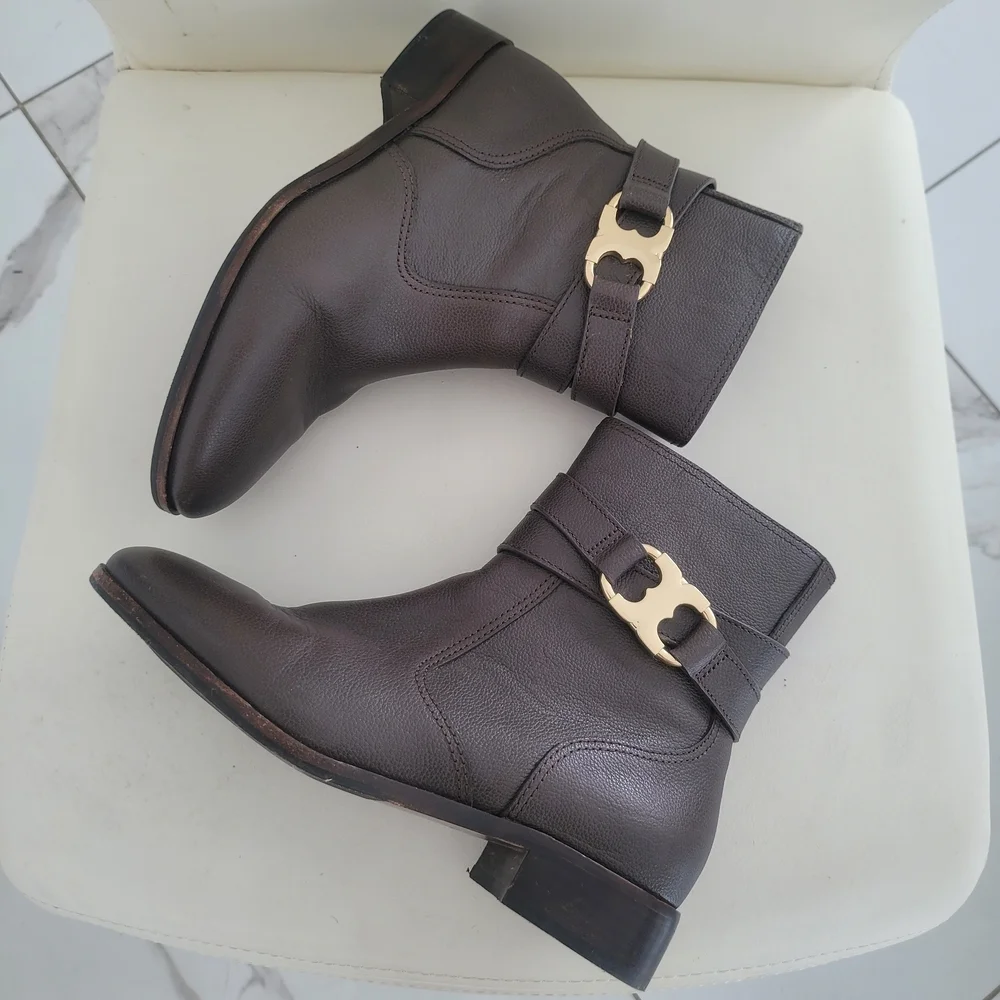 Tory Burch Dark Brown Ankle Boots with Gold Buckle Size 8M